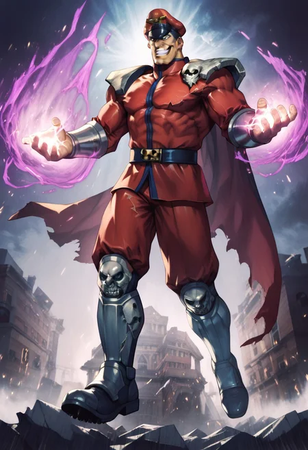 zPDXL3,RE_Engine,score_9_up,score_8_up,score_7_up,detailed,(best quality:1.2),digital media \(artwork\), BREAK, solo,best quality, 1boy, solo male, M bison, (street fighter), red uniform, red cape hat, grin, white eyes, peaked cap, silver skull pauldrons and gauntlets, grey hair, manly, military uniform, muscular, destroyed city, night, dynamic lighting, full body, floating, purple aura