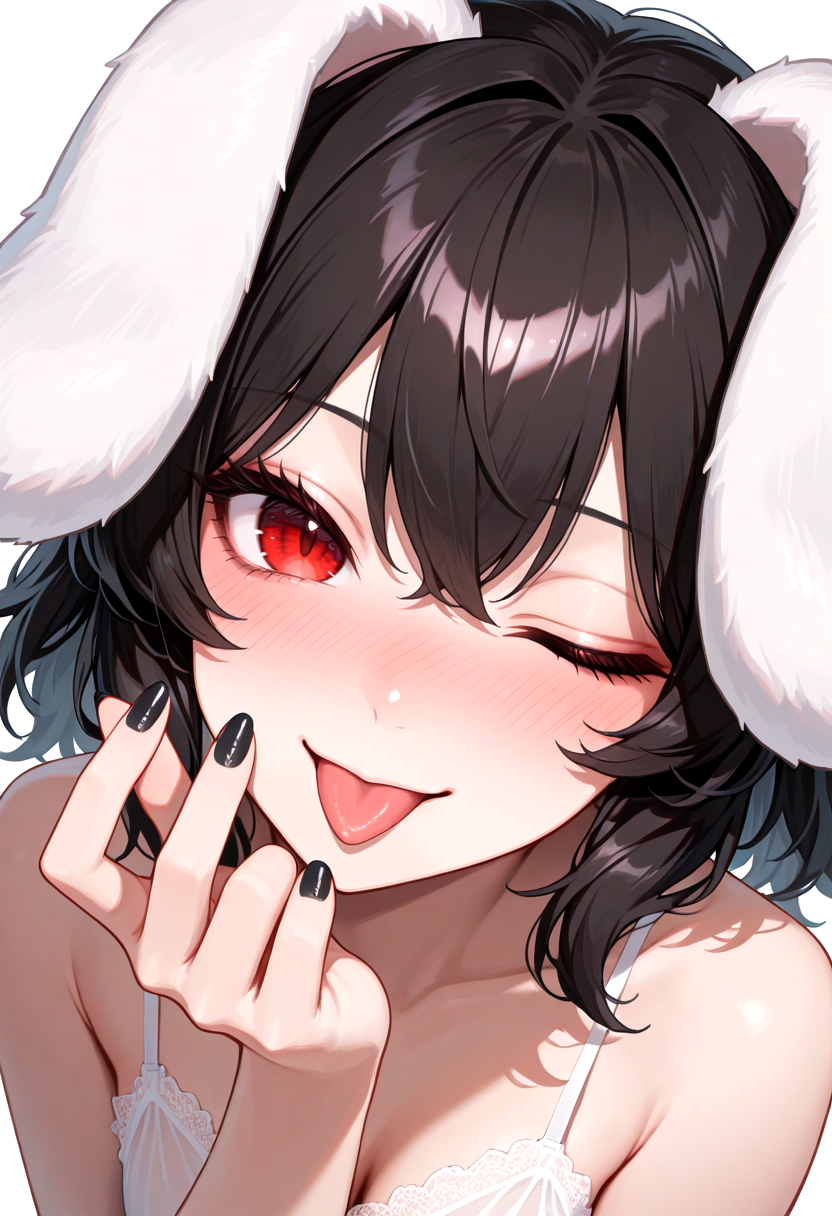 masterpiece, newest, absurdres, best quality, hires, 1girl, tewi inaba \(touhou project\), white negligee, white background, looking at viewer, (wink:1.3), nose blush, seductive smile, tongue out, colored nails, black nails, portrait, come hither, beckoning