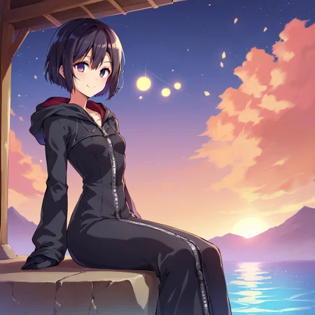 score_9, score_8_up, 1girl, xion, solo, outdoors, on a lake, flat chest, small breasts, sitting, floating lanterns in the sky, xion watching the floating lanterns, night, short hair, black hair, black coat, wide hips, narrow waist, closed coat, zipper, black pants, black gloves <lora:XionSDXL:1> <lora:BlushySDXL:1>, takeda hiromitsu style, side view, smiling, floating lanterns in the air