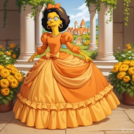 score_9, score_8_up, score_7_up, score_6_up, garden, castle garden, g1na v3ndetti, multicolored hair, black hair, pink hair, two-tone hair, solo, 1 girl, simpsons, orange hairband with bow, huge orange rococo princess ball gown hoop skirt, huge pannier skirt, ball gown hoop skirt, orange princess dress, hoopdress, my big princess gypsy wedding dress, ballgown, Ba11g0wn, puffy sleeves, long sleeves, a girl in a dress posing for a picture, looking at viewer and smiling,