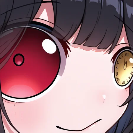 masterpiece, best quality, newest, absurdres, highres, eye focus, close-up, smile, closed mouth, portrait, <lora:StareMeme_illusXLNoobAI_Incrs_v1-000008:1>,  <lora:ChamKurumiIllustriousXL:1>, KrmiDef, clock eyes, red eye, yellow eye, heterochromia, black hair, long hair, roman numeral,