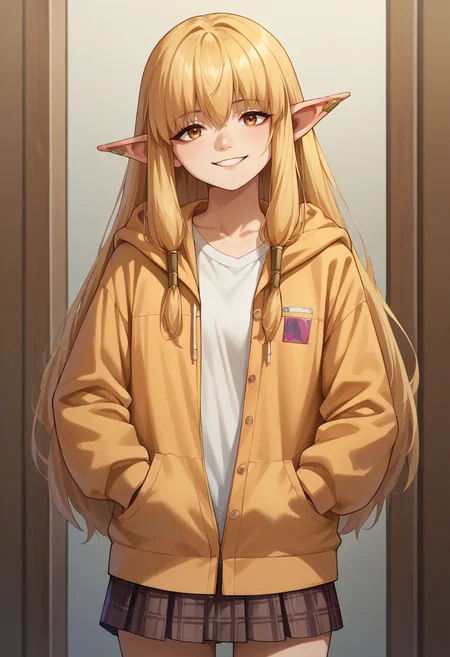 score_9, score_8_up, source_anime, 1girl, solo, Serie, long hair, hair tubes, ear bar, indoors, plaid skirt, hoodie, smile, hands in pockets, <lora:ChamSeriePonyXL:1>
