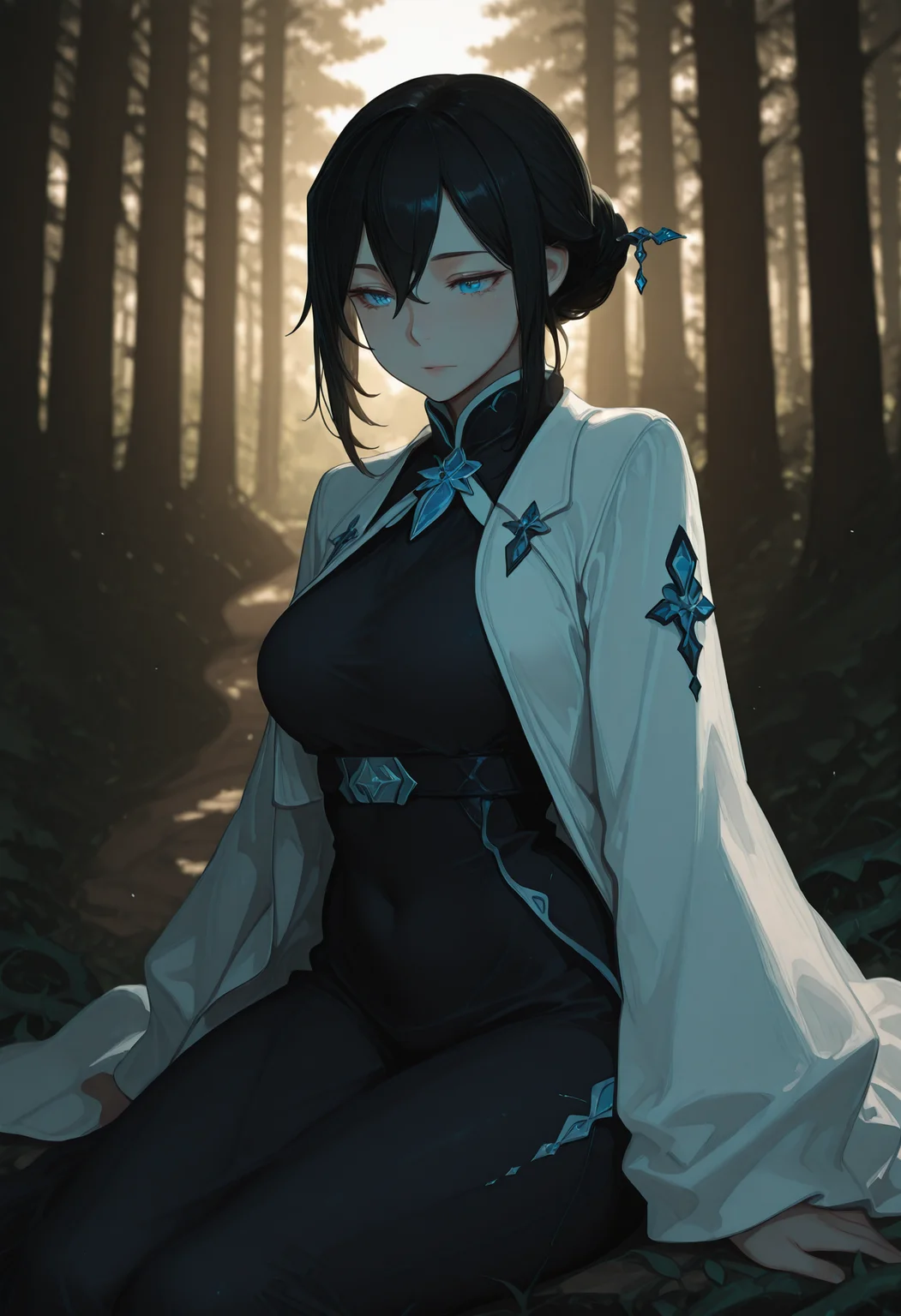 Su Yan, black hair, blue eyes, Su Yan main outfit, white coat,
figure four sitting, forest path, dense vegetation, dark forest, vines, overgrown, day,
BREAK
(Smooth Quality:0.8),masterpiece,best quality,amazing quality, absurdres, ultra-HD, 8k, fit body, raytracing, soft lighting, volumetric lighting, ambient occlusion,absolutely eye-catching, highest quality, usnr, (cinematic composition:1.3), depth of field, (adult), (mature female:1.2), very aesthetic, smooth image, (detailed face and eyes), mesmerizing gaze, sharp focus, warm lighting, semi realistic, emphasize body relief,
<lora:illustrious_quality_modifiers_masterpieces_v1:1> <lora:USNR_STYLE_ILL_V1_lokr3:0.4> <lora:MGE_V5.2_IL:0.8> <lora:ponyv6_noobE11_2_adamW:0.4> <lora:MoriiMee_Gothic_Niji_Style_Illustrious_r1:0.6>  <lora:Martial_peak_girls:0.8>