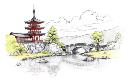 Sharp image of a rough sketch, rendered in vibrant multi colour ballpoint pen, capturing the adorable features of a black and white illustration of a traditional Japanese landscape. It features a pagoda on the left side of the image, with a stone bridge crossing over a small pond on the right side. The pagoda is surrounded by trees and shrubs, and there are rocks and boulders scattered throughout the scene. The sky is cloudy, and the water is still and reflects the pagoda and the surrounding landscape. The overall mood of the illustration is peaceful and serene.  p3nsk, <lora:p3nsk:1>