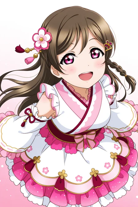 <lora:Love_Live:1>, Love Live, 1girl, solo, smile, open mouth, hair ornament, brown hair, looking at viewer, pink eyes, braid, :d, long hair, detached sleeves, frills, flower, dress, japanese clothes