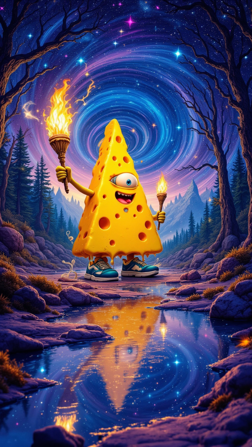 pinkfluxproultrafantasia,
Create a DSLR Fuji film Kodak photograph of a surreal, hallucinogenic scene where a melting, anthropomorphic cheese triangle with a single, swirling eye stands in a forest of pulsating, bioluminescent trees. The creature holds a torch with flames that twist unnaturally, while its oversized sneakers splash in a reflective, liquid ground. The sky above is a swirling vortex of deep blues and purples, with streaking stars that stretch the boundaries of time and reality