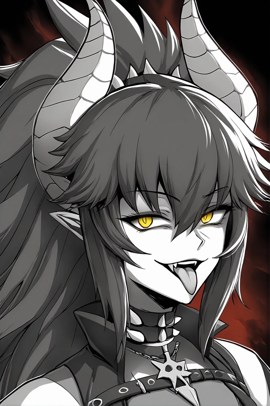 score_9,
<lora:ebiblue_v1_pruned:0.8>, monochrome, spot color, black background, red aura, yellow eyes,
<lora:zentreya_v1_pruned:1>, zentreya, zendragon,
looking at viewer, evil smile, open mouth, tongue out,
upper body,
high resolution, Masterpiece