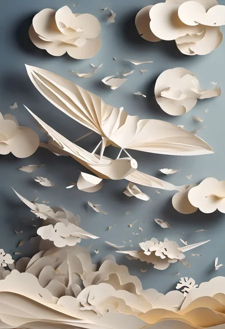 paper aircraft floating through the air, high wind, low angle, maximum details,
A strong gust of wind is lifting the paper aircraft,
paper cuttings art