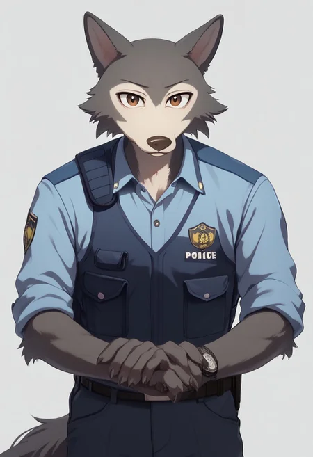 anthro furry male wolf Legoshi,slim body,boy,men, solo, portrait,((male Japanese Summer Police Uniform,light-blue collared shirt, rank slides,short sleeves,sleeves rolled up,dark blue pants,Walkie-Talkie)),(gray fur),standing,skinny, looking at viewer, fur body,realistic style, (simple background,complex background,sexy pose,wolf tail,Brown eyes,big eyes,cartoon eyes,score_9,score_8,score_7,score_8_up,score_7_up,score_6_up,