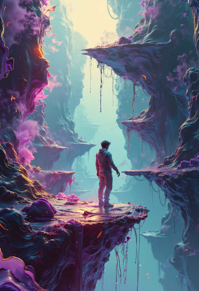 Impressionist digital concept art of a gravity sculptor, manipulating floating islands and impossible waterfalls, surrounded by fragments of broken physical laws, loose brushstrokes creating a sense of fluid motion, vibrant purples and teals with golden light accents