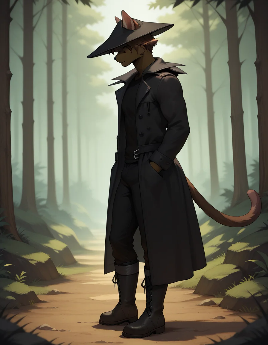 masterpiece, best quality, amazing quality, (carlos_gamerfox:1), ((male focus, 1boy, solo)), male, full body, anthro cat, cat ears, cat tail, from side, hat, hat over eyes, coat, shirt, boots, pants, ((standing)), forest background, <lora:Illustrious\Carlos-Illustrious.safetensors:1.0:1.0>