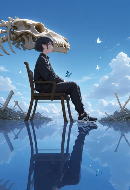 llv2-illu
masterpiece, best quality, highly detailed, ultra-detailed, 1boy, short hair, black hair, sitting, sitting on chair, reflective water, clear water, ruins, skeletal remains, giant bones, bones structure, butterfly, floating butterfly, blue sky, clouds, reflection, futuristic ruins, aquatic theme, dreamy atmosphere, peaceful, serene, fantasy setting, solo, jacket, sneakers, casual clothes, futuristic, cinematic lighting, light particles