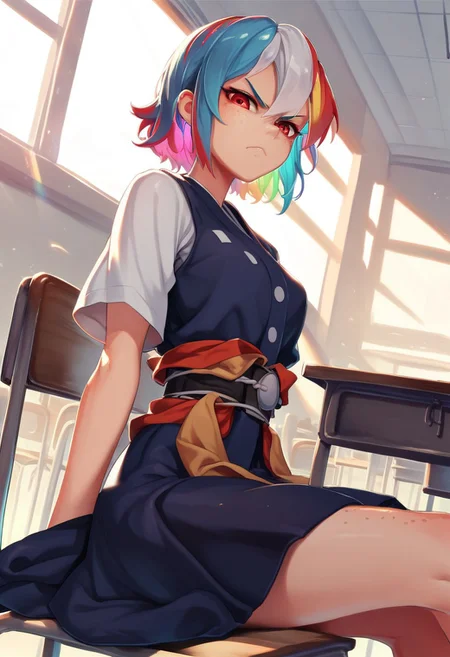 score_9, score_8_up, score_7_up, score_6_up, austr, anime, elsafrank_sd, 1girl, multicolored hair, freckles, dress, sash, sitting, classroom, scowl, looking at viewer, vibrant colors, cel shading