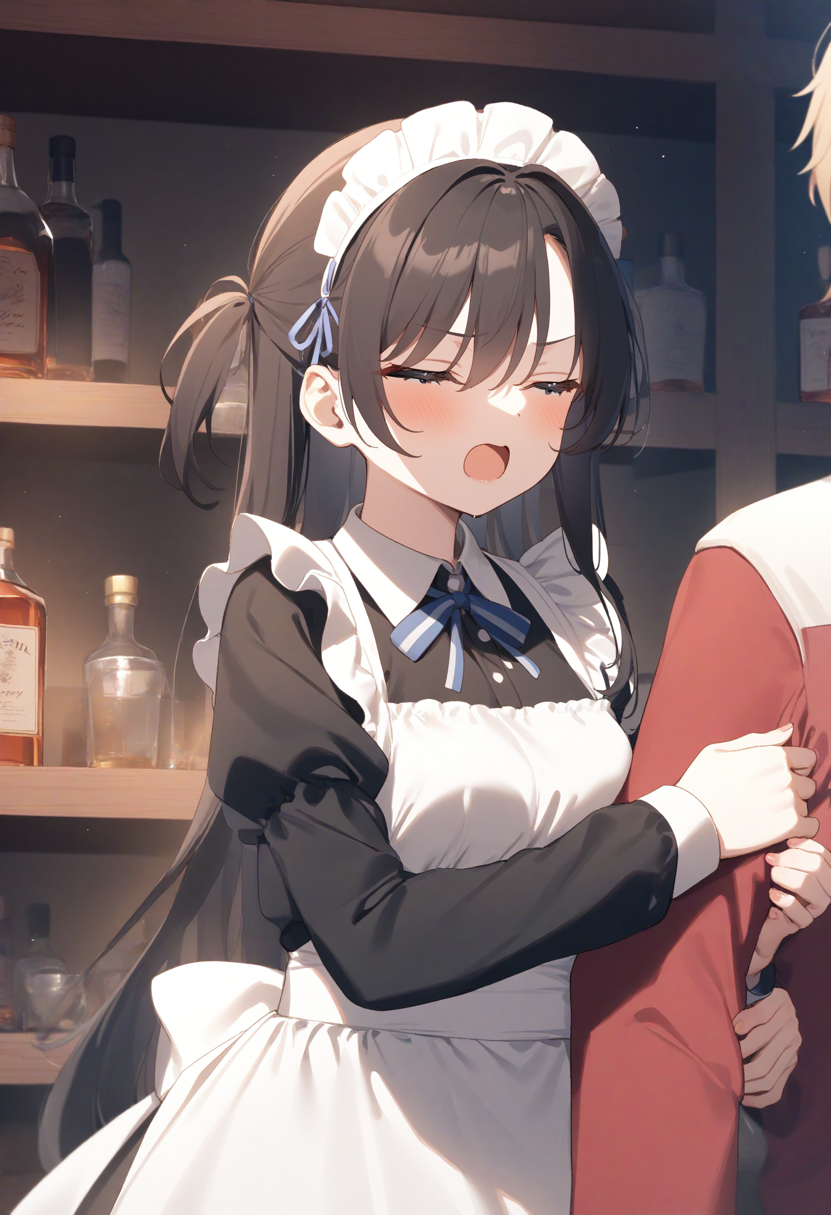 1girl,sincos, ningen mame, toosaka asagi,solo,medium breasts,20yo,maid,maid headdress,
arm hug, solo focus, out of frame, holding another's arm,<lora:armhug_XL_v1:0.7>
ceiling, upper body, looking away, facepalm, shelves lined with liquor, open mouth,
best quality, very aesthetic, absurdres