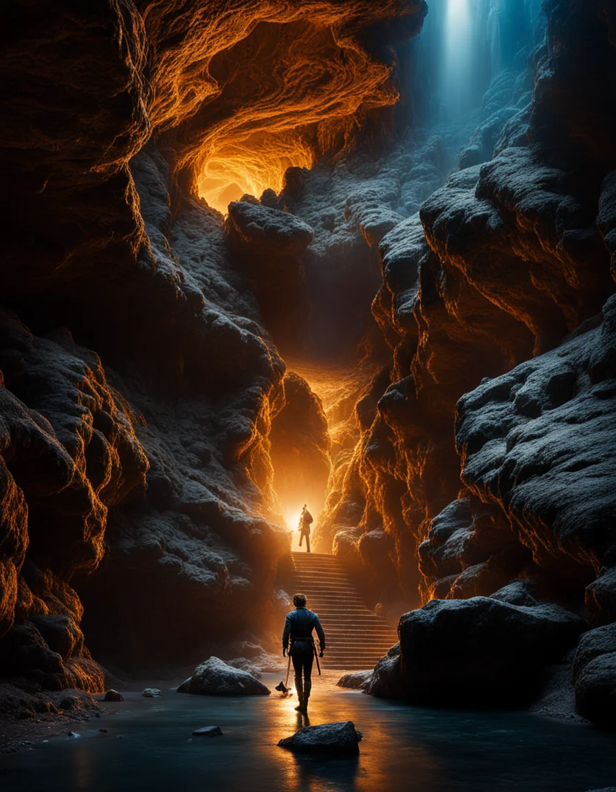 "a award winning heroic shot of a mountain king in a stunning detailed showcave, epic mountainking meditate about life, long curly beard, glowing blue eyes, cave is like a big dome, fantastic stalagmites and stalactites, (cinematic lighting:1.1), moody lights, heroic pose, in the style of photorealistic fantasy, still from a oscar winning fantasy movie, 50mm zeiss supreme prime lens, clear and sharp focus, shallow dof, fantasycore, stonecore, beautifully color graded, dynamic composition, sparkle, (diamonds:1.1), (lens flare:1.05)