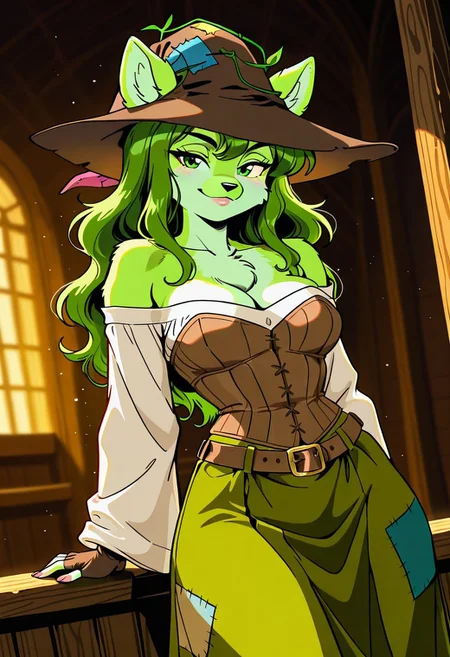 SophieSW, 1girl, solo, furry female, anthro, green hair, long hair, wavy hair, animal ears, patchwork brown witch hat, yellow sclera, green eyes, black snout, green fur, patchwork clothes, white shirt, wide sleeves, large breast, cleavage, brown corset, belt, green patchwork skirt, thick thighs, brown fingerless gloves, bare shoulders, ears through headwear,
,seductive pose, sexy pose, tease, 
masterpiece, best quality, fine details, intricate details, depth of field, subsurface scattering, bokeh,
 ultra-detailed, very aesthetic, detailed background, newest, scenery, highres, absurdres, colorful, vibrant, glowing, perfect face, 2d, perfect eyes,  vibrant saturated colors, volumetric lighting, sharp, detailed eyes, perfect anatomy,  perfect face, perfect eyes, mature body, clear eyes, beautiful eyes, athletic, curvy body, athletic girl, perky tits, perfect tits, round breasts, pinup pose, teasing, lustful expression, perfect hands, 
muscular female, dutch angle, 
,Smooth Negative, Smooth_Quality,
90s_anime_aesthetic, 1990s (style), retro, retro artstyle
