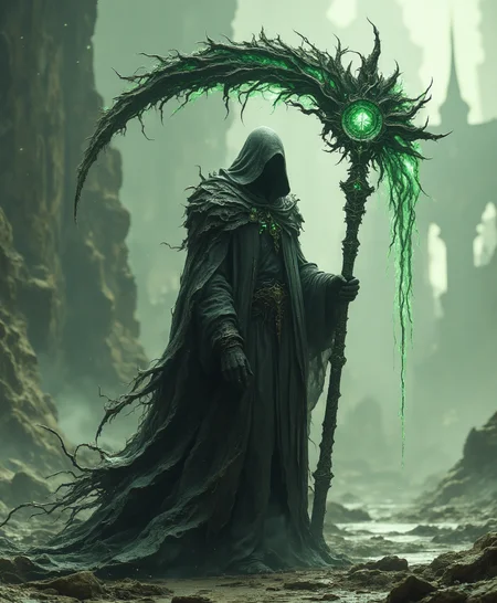 Side view portrait of an ancient Grim Reaper-like figure looking away from viewer standing in a desolate wasteland, wearing a dark, decaying cloak, holding a large scythe. The blade of the scythe has a faint glowing green energy, tendrils of light swirling from the blade, cracked earth and faint black mist beneath, skeletal face shrouded in shadow, mystical and grim, epic dark fantasy art style. His cloak swirls in the wind.
