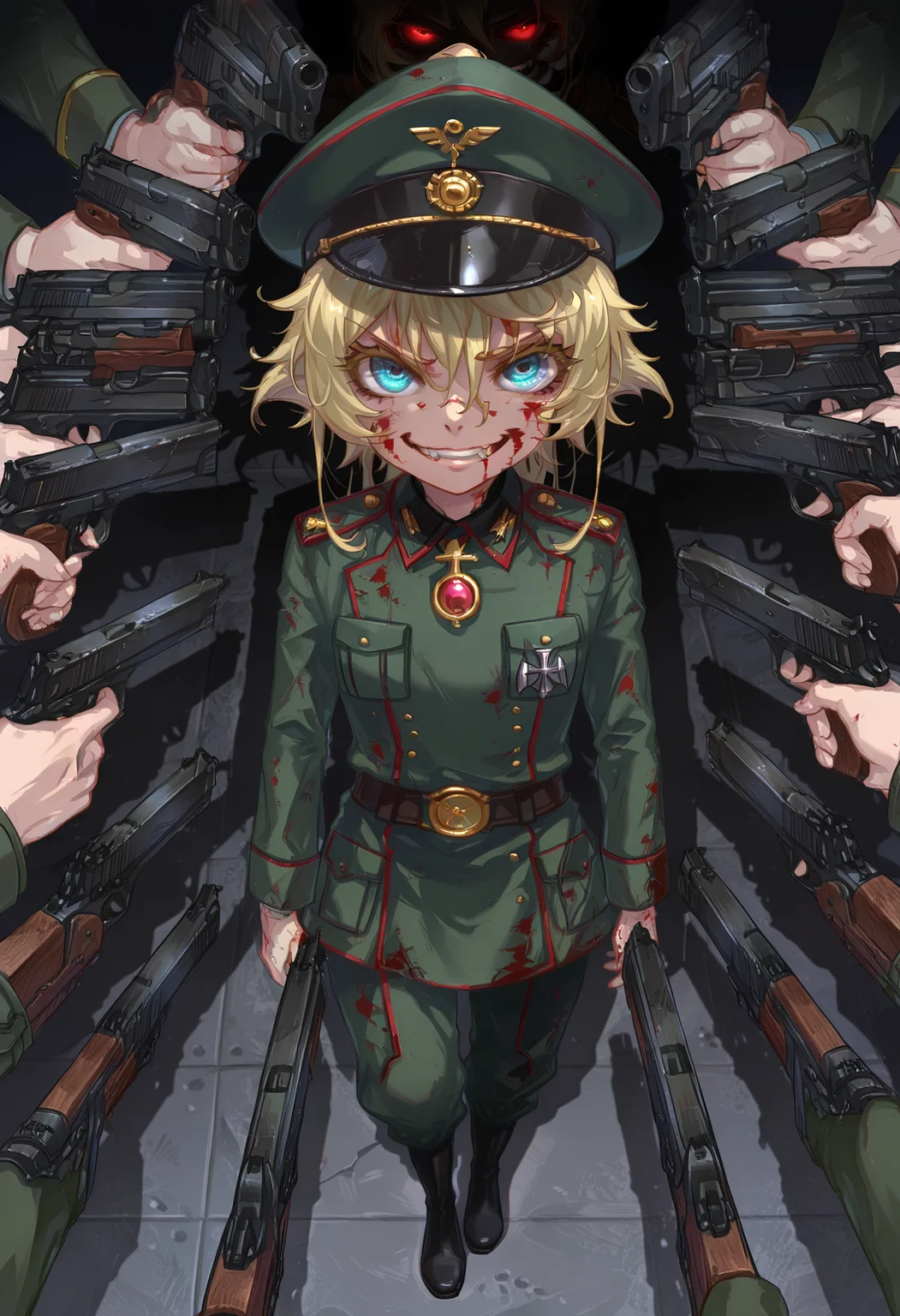 (masterpiece, high quality, amazing detail), surrounded_by_guns, gun, weapon, 1girl, tanya degurechaff, military uniform, military hat, blood on face, blood on clothes, evil smile, teeth, glowing eyes, looking at viewer, shadow, full body, <lora:Gun_surround:1>, <lora:USNR STYLE_XL_lokr:0.8>, <lora:spo_sdxl_10ep_4k-data_lora_webui:0.8>