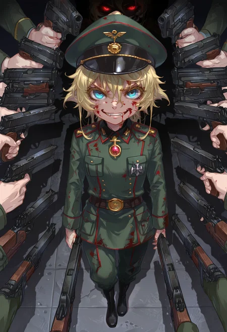 (masterpiece, high quality, amazing detail), surrounded_by_guns, gun, weapon, 1girl, tanya degurechaff, military uniform, military hat, blood on face, blood on clothes, evil smile, teeth, glowing eyes, looking at viewer, shadow, full body, <lora:Gun_surround:1>, <lora:USNR STYLE_XL_lokr:0.8>, <lora:spo_sdxl_10ep_4k-data_lora_webui:0.8>