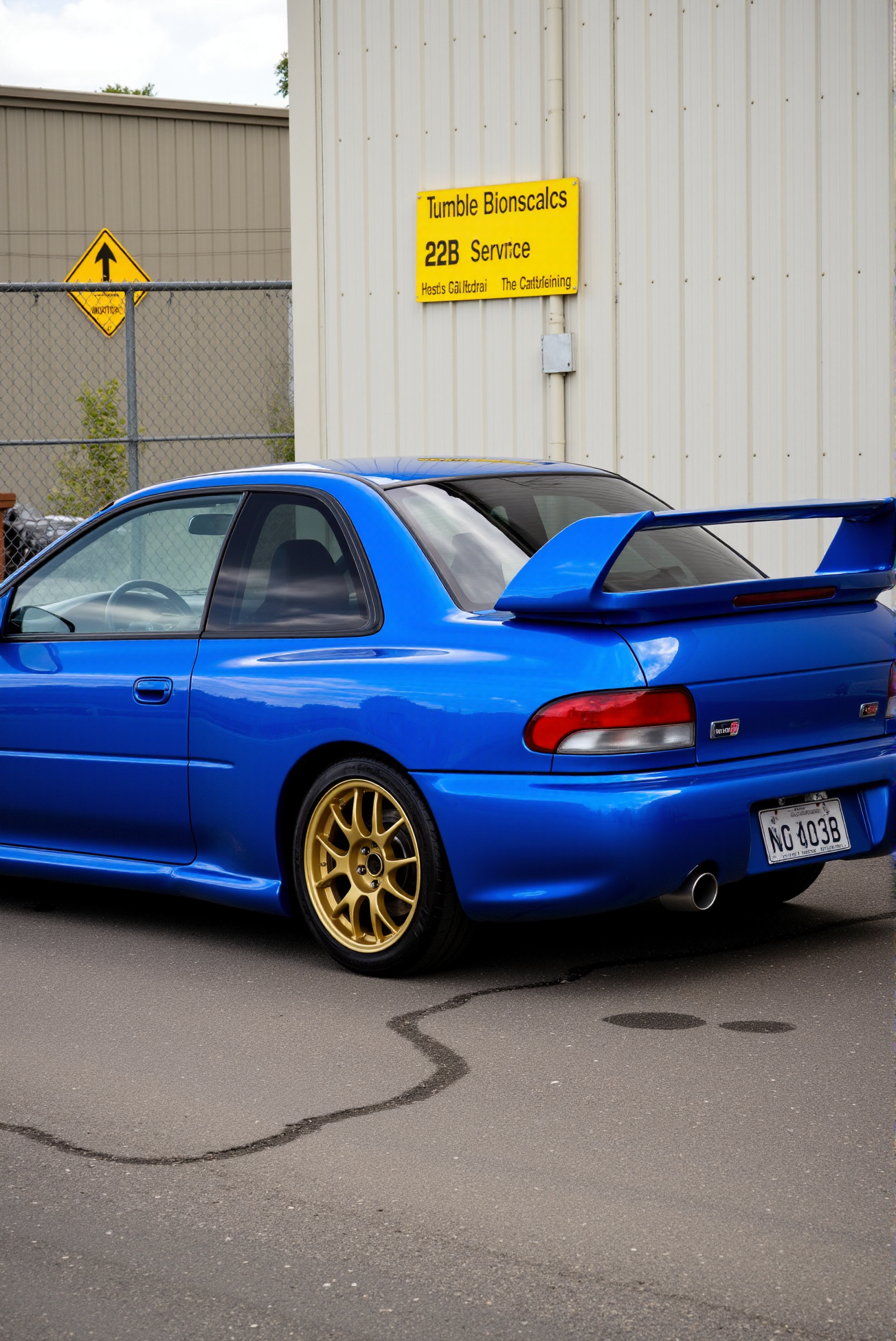 <lora:Subaru_Impreza_WRX_STI_22b:0.8> 
A rear three-quarter view of a Subaru Impreza WRX STI 22B in metallic blue parked near a corrugated metal wall with industrial fencing and yellow signage in the background, bathed in afternoon light. The vehicle features flared rear fenders, gold multi-spoke rally wheels, and a towering rally wing rising above the trunkline. Chrome-tipped dual exhaust outlets and sculpted bumper lines enhance the assertive rear stance. Soft shadows cast from the right accentuate the texture of the cracked asphalt beneath, while the glossy blue paint reflects warm tones from the metal fence. Captured in high-angle realism with a suburban industrial mood and rich metallic surface rendering.