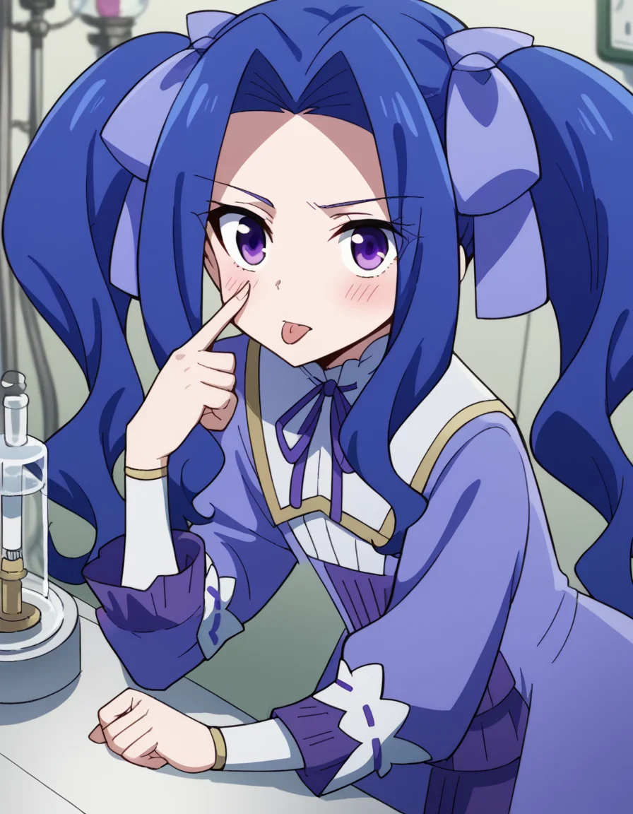 score_9, score_8_up, score_7_up, source_anime, <lora:melty-q-melromarc-s1-ponyxl-lora-nochekaiser:1>, melty q melromarc, long hair, ribbon, twintails, blue hair, purple eyes, hair ribbon, purple ribbon, parted bangs,, long sleeves, dress, frills, ribbon trim, purple dress,, laboratory, beakers, microscope, scientist, experiments, , <lora:akanbe-ponyxl-lora-nochekaiser:1>, akanbe, eyelid pull, finger to eye, tongue out, :p, tongue, ;p, blush, leaning forward, bent over, from side,, looking at viewer, solo,, dutch angle, cowboy shot