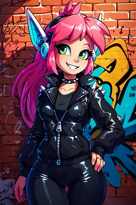 score_9, score_8_up, score_8, medium breasts, (curvy), cute, eyelashes, BREAK, , zzNukuNuku, green eyes, pink hair, long hair, robot ears, <lora:NukuNuku_PDXL:0.8>, , BREAK, smile, looking at viewer, leather jacket, leather pants, black jacket, tight pants, black choker, zipper, biker clothes, spikes, multiple belts, shiny clothes, high collar, (graffiti:1.2), brick wall, cowboy shot, embedding:zPDXL, Expressiveh, <lora:theOtherHalfPDXL:0.8>, <lora:CatalystStylePDXL:0.6>, <lora:SDXLFaeTastic2400:0.5>, <lora:Expressive_H-000001:0.4>,