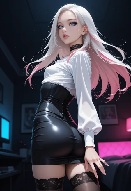 depth of field, focused subject, dynamic angle, dynamic pose, best quality, detailed eyes, perfect eyes, realistic eyes, white hair, long hair, pink highlights, blue eyes, ((full lips)), (black eyeliner), (mascara), makeup, slim body, slim legs, (black lace corset), thigh-high stockings, choker, small ass, small breast, realistic breast, (white blouse), slightly visible breast, braless, (black high-waisted pencil skirt), BREAK, looking back, from behind, detailed ass, round ass, looking at viewer, movie perspective, dark background, abstract background, (neon lines), ((dark room)), bedroom, night,