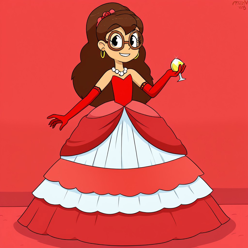 1girl, solo, long hair, brown hair, black eyes, wearing glasses, Very long large straight tulle red princess ball gown hoop skirt, ball gown hoop skirt, red princess dress, long princess gloves, white pearl necklace, hoopdress, my big princess gypsy wedding dress, ballgown, a girl in a dress posing like a princess for a picture, wearing a sleeveless ballgown, looking at viewer