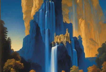 award winning painting of a floating castle in the air, a waterfall flows from the castle to the ground, epic composition, detailed, parts made of deep blue crystal,  intricate, Maxfield Parrish Style page