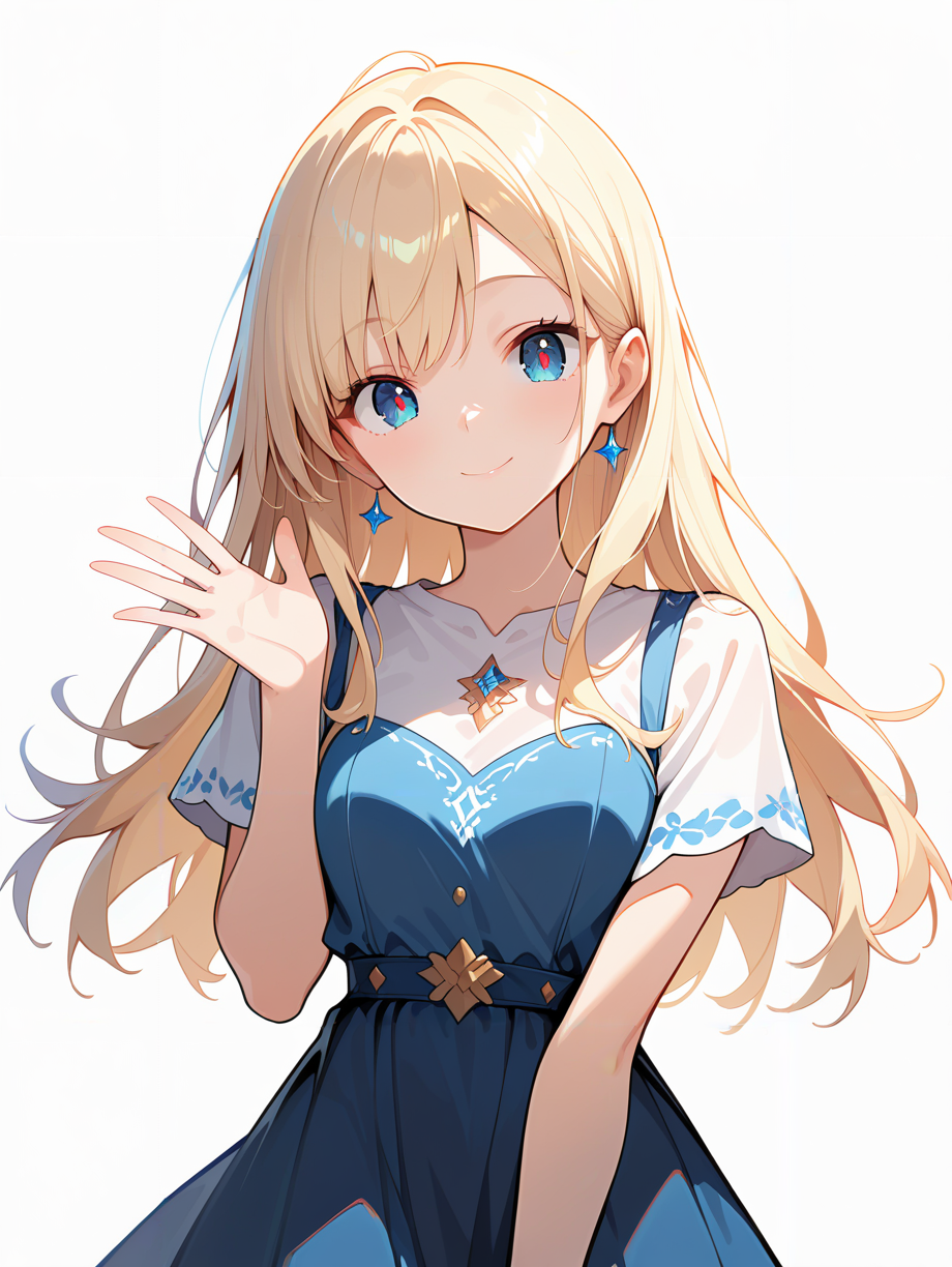 masterpiece, best quality, newest, absurdres, highres, safe,cute face,clean skin ,shiny hair,ultra detailed eyes,eyelashes,cute girl,blonde hair,long hair,dress,blue eyes,red pupils,simple background,smile,skirt,standing,cowboy short ,(Goodbye,wave hand:1.4)