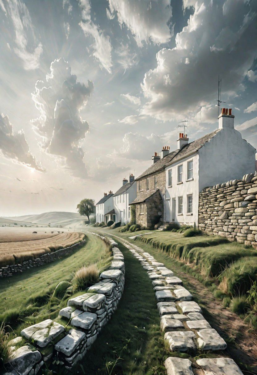 Farmland on the plains, white tint, beautiful sky, a stone wall leading to some small white houses, light haze, white accentuate, highest detail, crisp edges