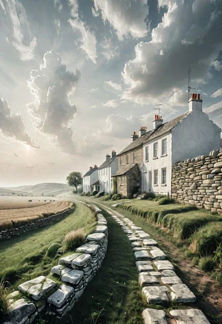 Farmland on the plains, white tint, beautiful sky, a stone wall leading to some small white houses, light haze, white accentuate, highest detail, crisp edges