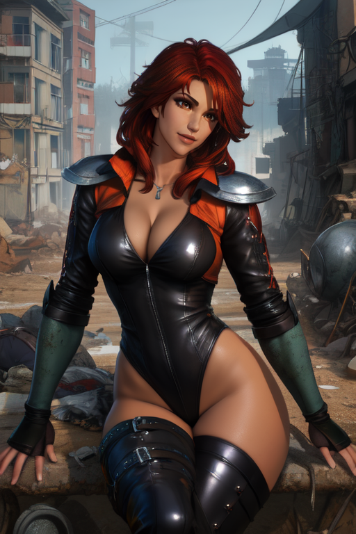 Mamiya, red hair,  brown eyes, 
shoulder pads, leather leotard,  cleavage, long sleeves, fingerless gauntlets,  hips, 
solo, sitting,  smile,  cowboy shot,  metal chair, 
wasteland, junk yard, 
(insanely detailed, beautiful detailed face, masterpiece, best quality),     <lora:Mamiya:0.8>