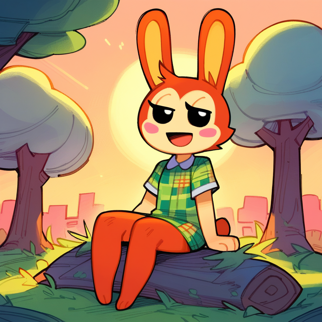 zPDXL2, score_9_up, score_8_up, score_7_up, 2d, (gjem, fwf), rating_safe, (orange background, sitting, sunset,  looking up, narrowed eyes,  outdoors, trees), 1girl, solo, large head, bunnie_\(animal_crossing\), rabbit, lagomorph, anthro, red fur, black eyes, dot eyes, eyelashes, blush stickers, green plaid shirt, short sleeves, smile, open mouth, <lora:PDXL_Bunnie_AC:1>