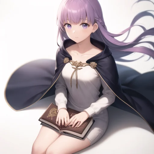 sophia fe, <lora:Sophia_FE-10:0.75>, 1girl, solo, looking at viewer, simple background, long sleeves, white background, dress, holding, sitting, very long hair, collarbone, braid, cape, white dress, book, floating hair, cloak, holding book, long dress