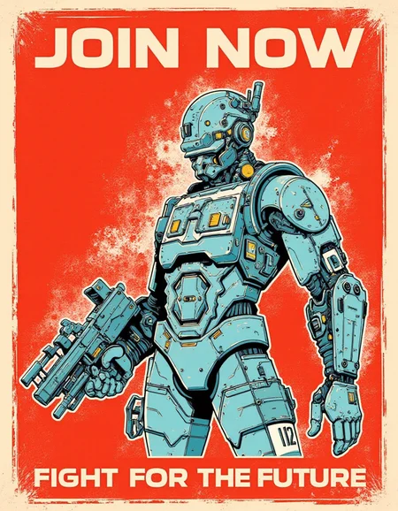 a vintage sign of a man with a robot suit on and a gun in his hand, cyberpunk art, retrofuturism, with the words "JOIN NOW" and the tagline "FIGHT FOR THE FUTURE" <lora:CPA:1> <lora:vintage-sign-000006:1>