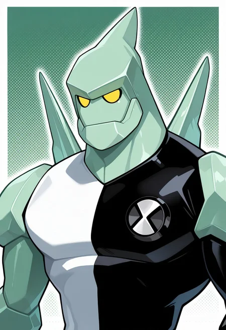 <lora:diamondhead-06:1> diamondhead, robot, yellow eyes, solo, 1boy, no humans, pokemon (creature), armor, spikes, yellow sclera, green skin, bodysuit, green background,, upper body, halftone effect, white borders, abstract background:1.2,, masterpiece, best quality, amazing quality, very aesthetic, absurdres, newest,