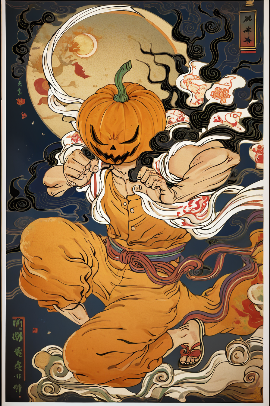 score_9, score_8_up, score_7_up, score_6_up, score_5_up, score_4_up, <lora:traditional_Japanese_art:1>,  traditional japanese art, fighting stance, masterpiece, highres, <lora:Jack-O'-Lantern_V1:0.8>,  alone, solo, jackolantern, pumpkin head, night, moon,