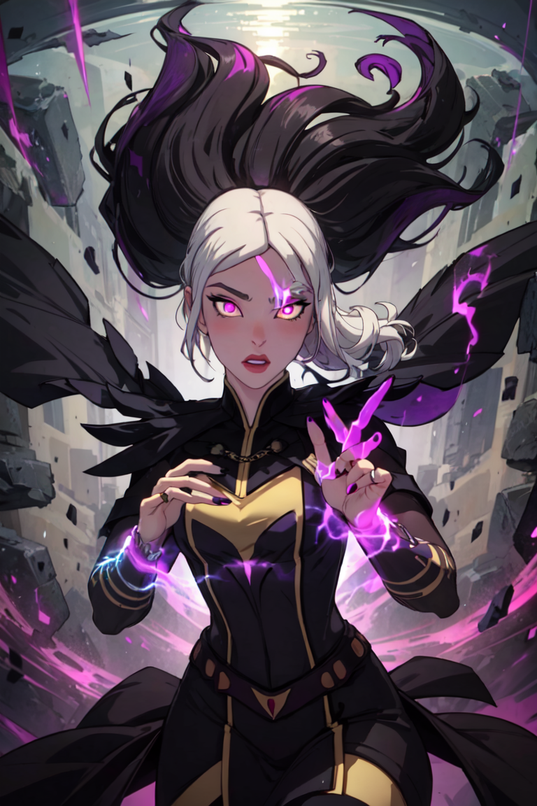 (Claudia), black dress, long hair, black fingernails, (casting purple magic), purple magic surrounding her, magic, casting a spell, (purple glowing eyes, hair floating, hair half black, hair half white:1.5), (realistic:1.2), (masterpiece:1.2), (full-body-shot:1),(Cowboy-shot:1.2), dark romantic lighting, (highly detailed:1.2), (detailed face:1.2), (gradients), colorful, detailed eyes, (natural lighting:1.2), solo, <lora:add_detail:0.3> <lora:DragonPrinceClaudia-10:0.8> <lora:BeautifulEyes:0.3>