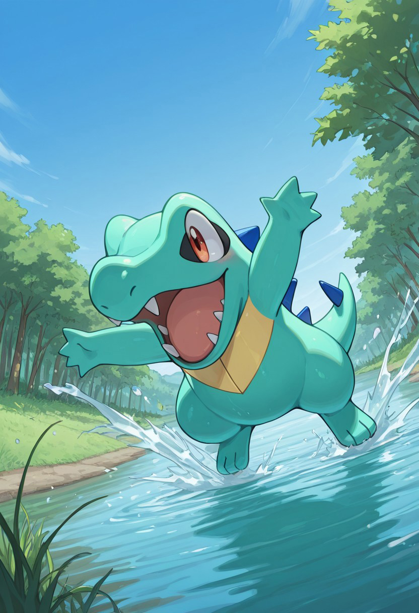 masterpiece, best quality, amazing quality, very aesthetic, absurdres, ShinyTotodile, 1other, aqua skin, blue spikes, alternate color,
lake, gras, blue sky, splashing, happy, dynamic pose, perspective, outdoors, plants,