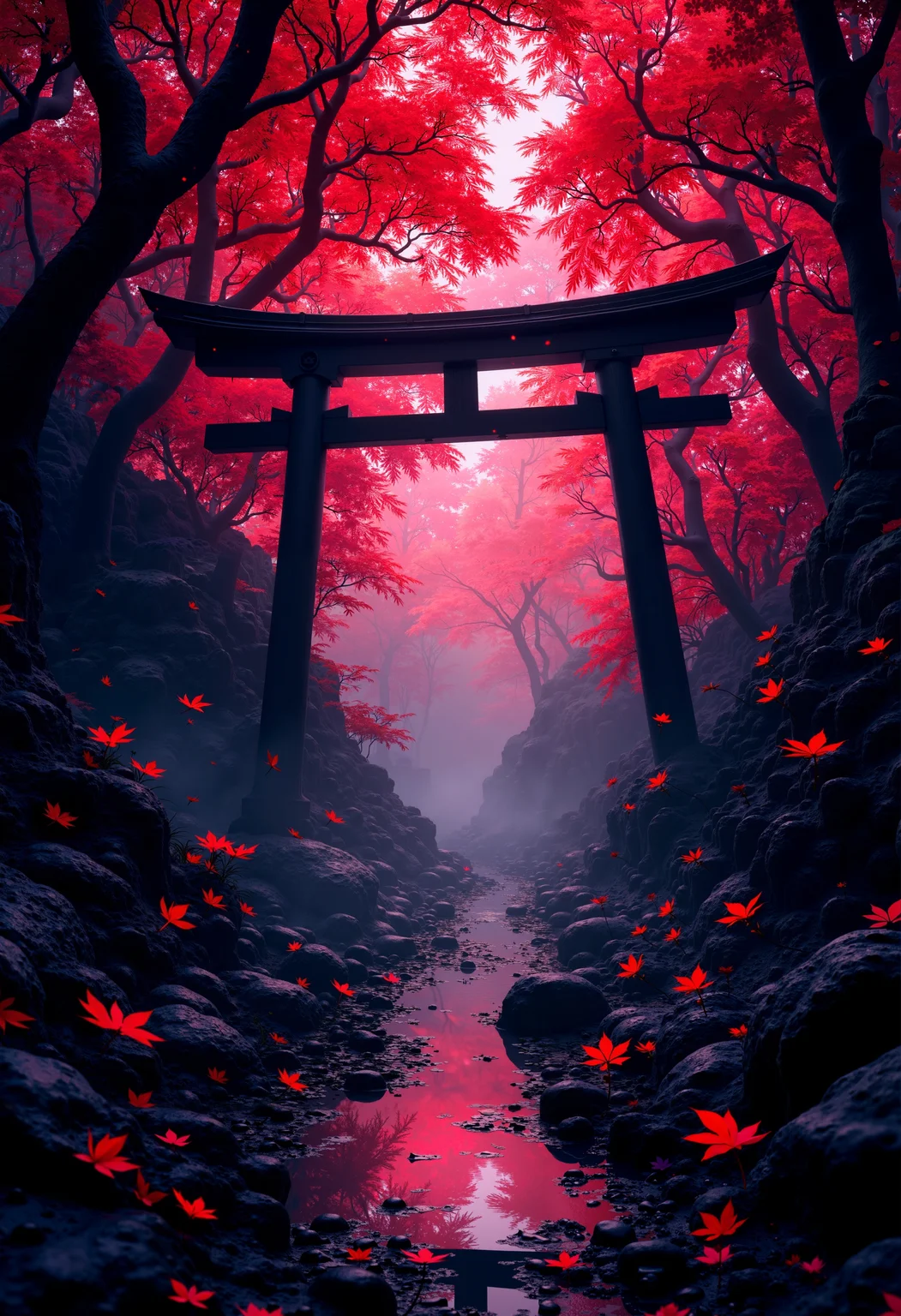 bo-neon, a digital artwork depicting a serene, mystical forest scene at night, the scene is dominated by a majestic, ancient japanese torii gate, which is a traditional wooden structure, positioned in the center of the image, partially obscured by dense, dark trees with vibrant red leaves, creating a dramatic, almost ethereal atmosphere, the leaves are scattered across the ground, some of which are illuminated by the soft, red light filtering through the dense foliage, casting a warm glow on the scene, the trees are tall and slender, with their branches reaching towards the sky, the ground is covered in fallen leaves, adding to the autumnal ambiance, a small, reflective stream flows through the foreground, reflecting the red leaves and creating a mirror-like effect on the water's surface, the background is shrouded in a thick, foggy mist, enhancing the ethereal quality of the forest, the texture of the leaves is smooth and glossy, contrasting with the dark, rocky terrain, the overall mood is one of tranquility and mystery, with a sense of mystery and enchantment, the artwork is rich in detail and color, with the reds and blacks blending seamlessly into the darkness, making it a captivating and immersive visual experience, high quality, ultra detailed, colorful, abstract, abyss fantasy.<lora:FLUX Abyss Neon\Abyss Neon_epoch_5.safetensors:1.0:1.0>