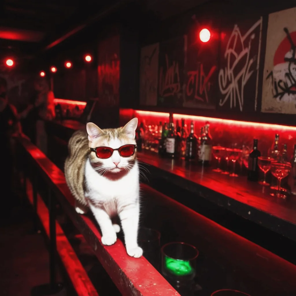 <lora:20240704-1720095833344:0.5>,underground club,(cat:1.2),1 cat with sunglasses,(close-up of the 1 cat:1.5),handrail,light and shade contrast,Dark light,best qualtiy,motion blur,soft lighting,original photo,masterpiece,graffiti,red light,a lot of people,cat on the bar,