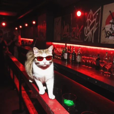 <lora:20240704-1720095833344:0.5>,underground club,(cat:1.2),1 cat with sunglasses,(close-up of the 1 cat:1.5),handrail,light and shade contrast,Dark light,best qualtiy,motion blur,soft lighting,original photo,masterpiece,graffiti,red light,a lot of people,cat on the bar,