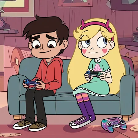 score_9, star_co, (1boy, marco_d, hoodie), break, (1girl, star_b, fake horns, dress), sitting, sofa, game controller