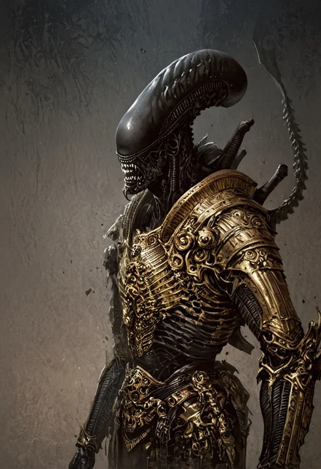score_9, score_8_up, score_7_up, score_6_up, score_5_up, score_4_up,<lora:Fant5yP0ny:0.8>, xenomorphic creature from Lords of the Fallen, black templar armor, gold sword of Pieta, solo, gold eyes, blood on face, art by hr giger, ornamental armor