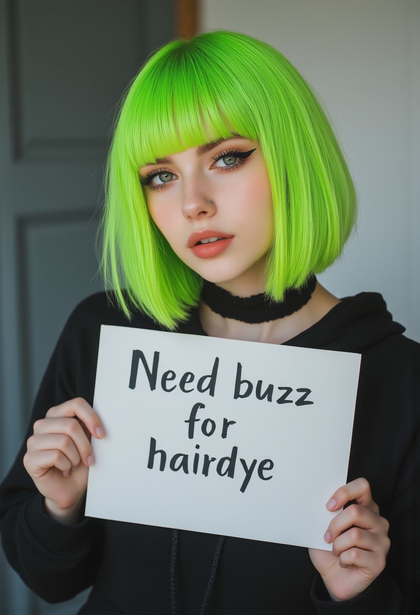 FictionalApple, goth girl with a lime green bobcut with blunt bangs. Holding a sign "Need buzz for hairdye"