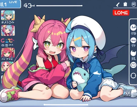(score_9:0.9),score_8_up,score_7_up,rating_safe,(zPDXL3),sidelocks,parody,official art,2girls,full body,blush stickers,(livestream),sitting,teeth,sidelocks,screen,display,hug
BREAK pink jacket,ka sikil,red cropped vest,red tail,hair ornament,medium breasts,looking at viewer,open mouth,fang,:d,pink sneakers,black bike shorts,bandaid on knee,
BREAK blue jacket,white dress,lil la,blue demon wings,white sailor hat,half-closed eyes,small breasts,stuffed shark toy,light smile,looking at viewer,blue sneakers,<lora:Live twin ponyXL v1:0.62>,