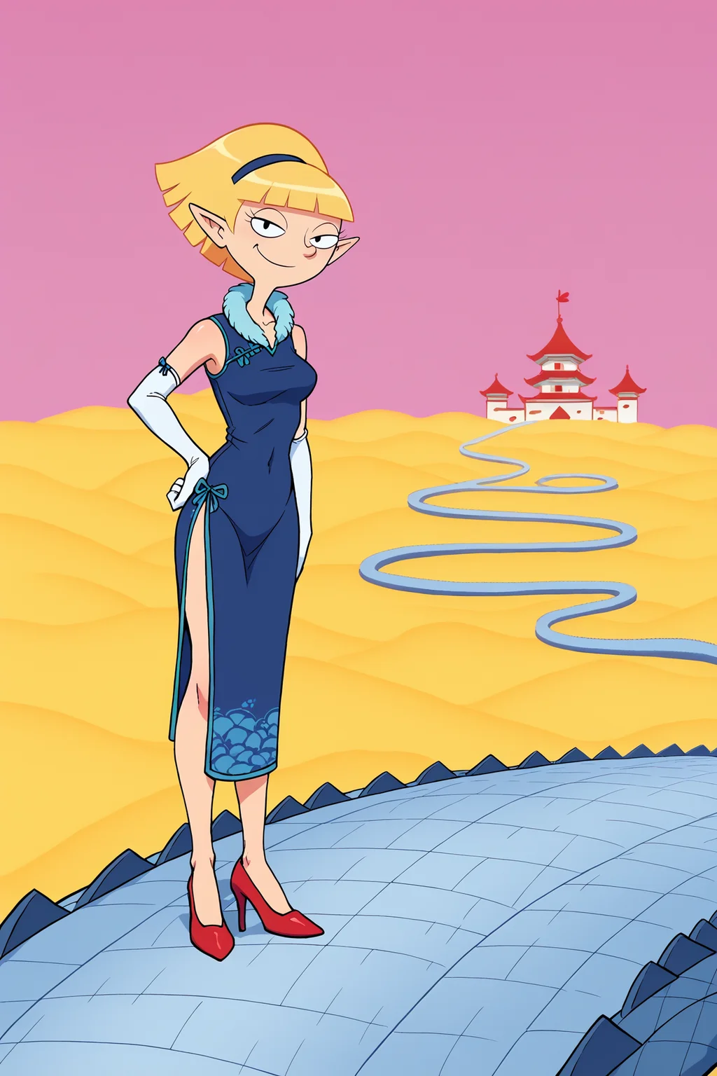 score_9, score_8_up, score_7_up, score_6_up, BREAK snakeway, castle,east asian architecture, pink sky, hand on own hip, olga pataki, blonde hair, black eyes, short hair,blunt bangs, standing, blue china dress, scale armor, pelvic curtain, red trim, sleeveless,yellow cloud,, white elbow gloves, red high heels,looking at viewer, road,official style,smug,clear sky, pointy ears,(white neck fur),feather boa,(spiked road),elbow gloves, (from side:0.7),scales,neck fur, side slit, <lora:OlgaPony:1> <lora:OtherworldPony:1>