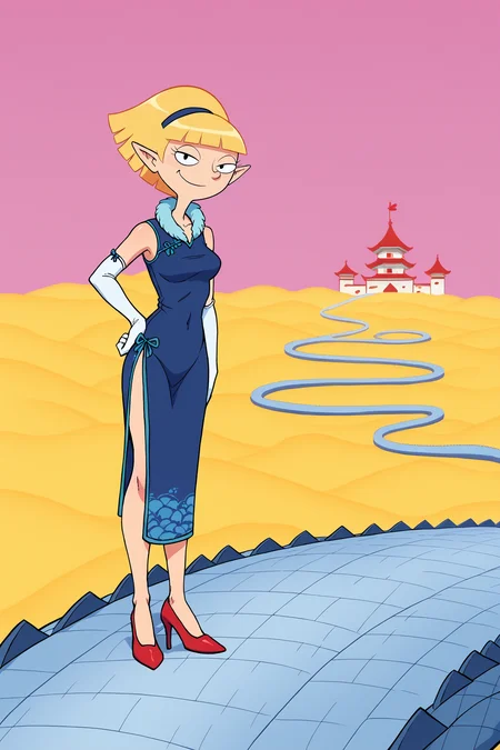 score_9, score_8_up, score_7_up, score_6_up, BREAK snakeway, castle,east asian architecture, pink sky, hand on own hip, olga pataki, blonde hair, black eyes, short hair,blunt bangs, standing, blue china dress, scale armor, pelvic curtain, red trim, sleeveless,yellow cloud,, white elbow gloves, red high heels,looking at viewer, road,official style,smug,clear sky, pointy ears,(white neck fur),feather boa,(spiked road),elbow gloves, (from side:0.7),scales,neck fur, side slit, <lora:OlgaPony:1> <lora:OtherworldPony:1>