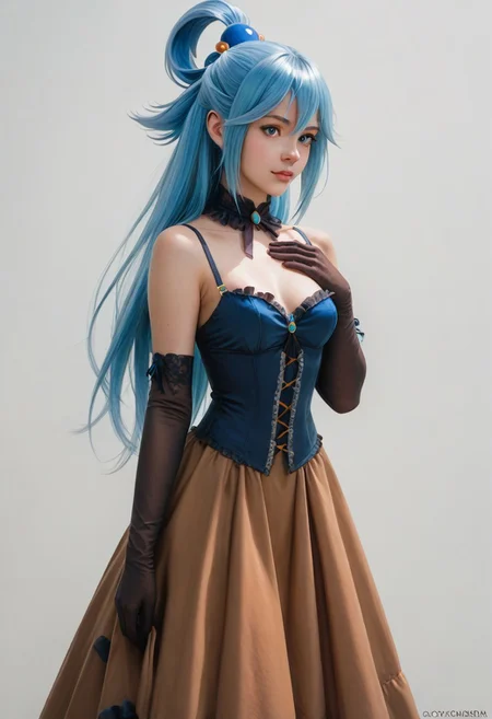 score_9, score_8_up, score_7_up, score_6_up,1girl, face ((cowboy shot)), aqua from konosuba, (blue hair), blue ponytail, long hair, hair ornament, black hat, corset, victorian dress, elegant dress, brown dress, high heels, black long gloves, blue eyes, short dress, upper body,